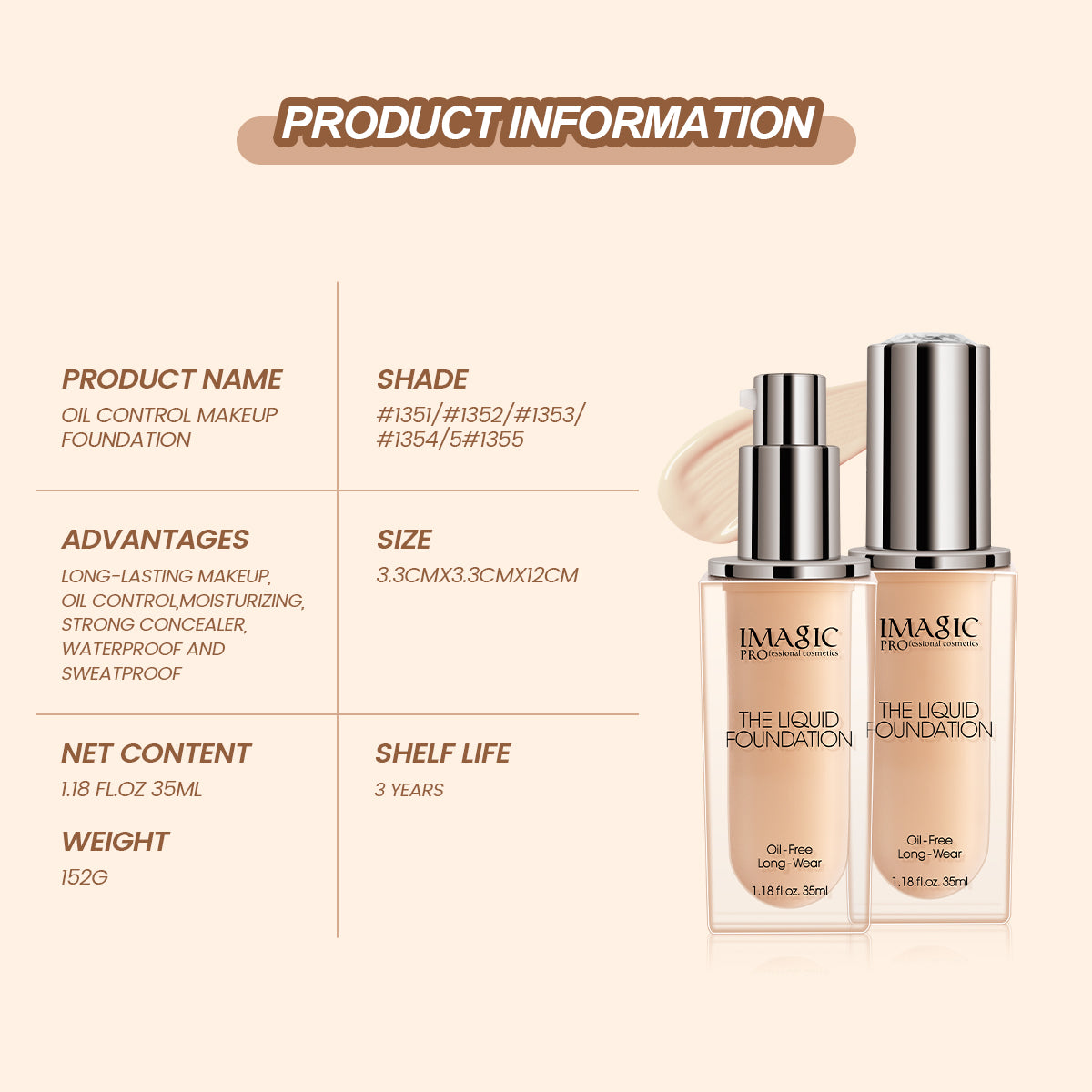 IMAGIC OIL FREE LONG WEAR LIQUID FOUNDATION (FA-135)